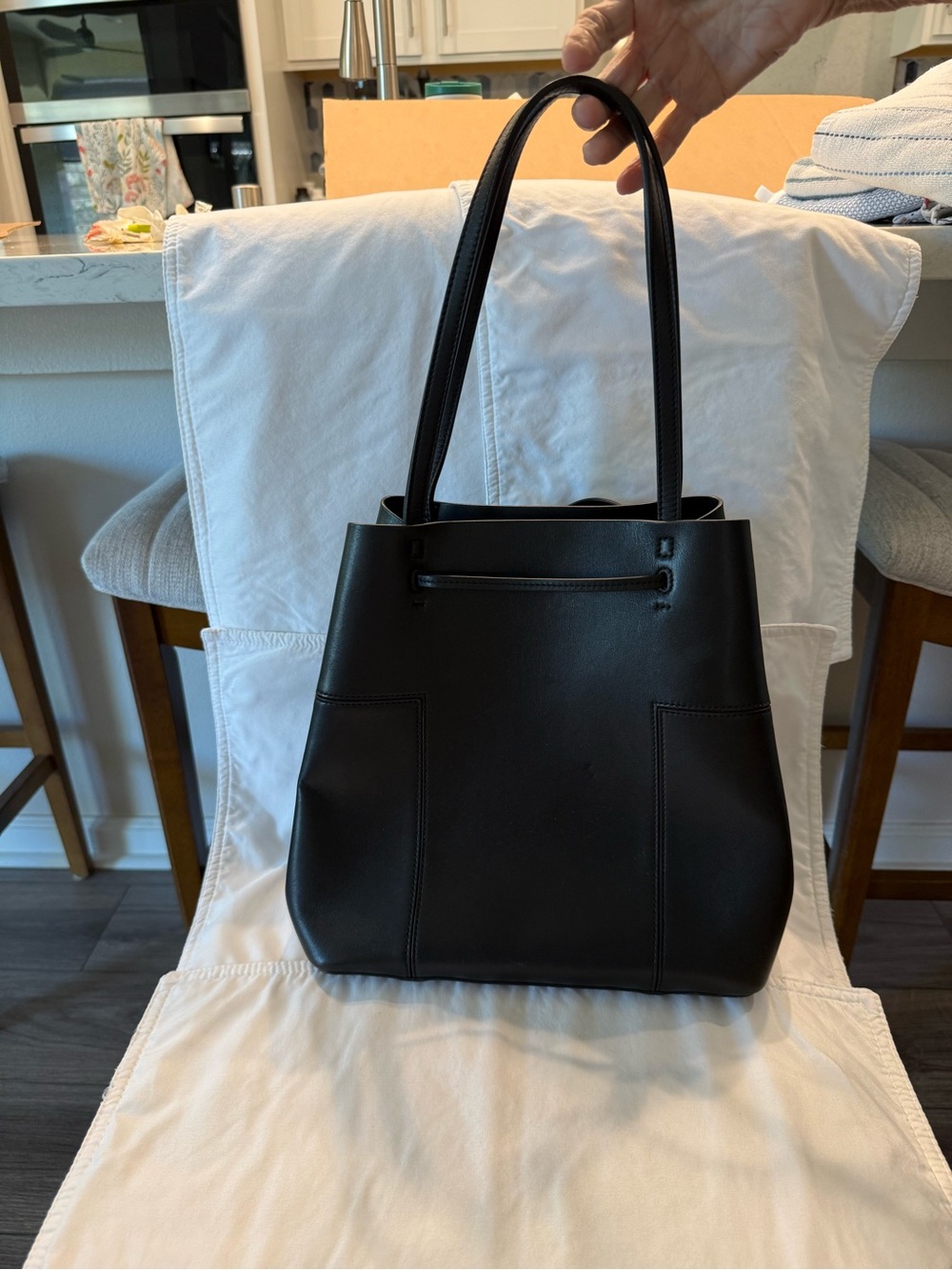 Tory Burch Black Leather Drawstring Tote with Top Handles - Picture 2 of 3